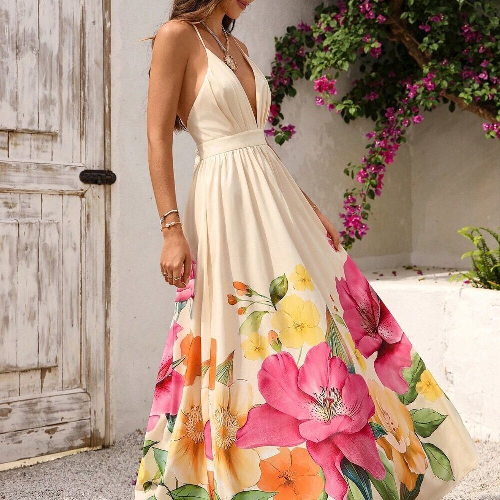 Multicolor Boho Vacay Women's Floral Print Deep V Neck Backless Maxi Dress - Picture 1 of 11
